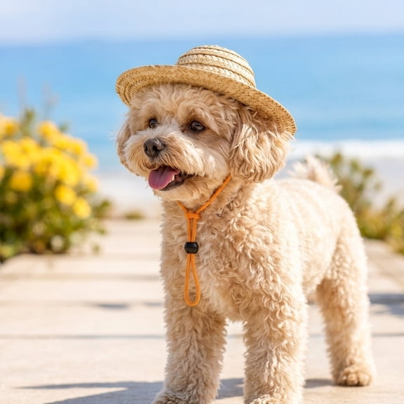 FOLOYORI Straw Hat for Dogs Adjustable Fit with Sun Protection in Khaki