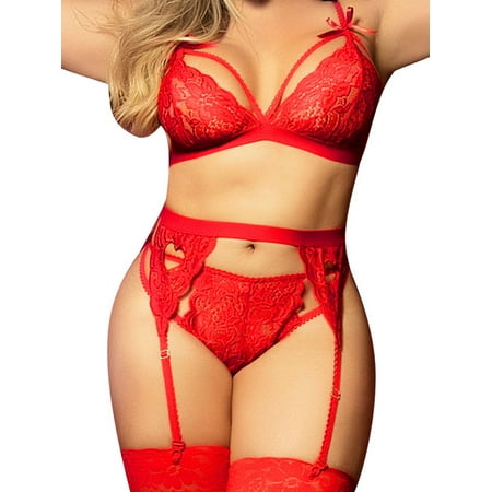 

YAGHYAGH Womens Bralette Lace Bra Thong Three Pieces Lingerie Set Plus Size