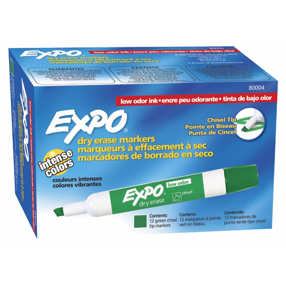 Expo Low Odor NonToxic Dry Erase Marker, Chisel Tip, Green, Pack 12