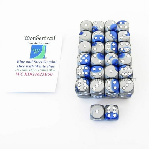 Blue and Steel Gemini Dice with White Pips D6 16mm (5/8in) Pack of 50 Wondertrail