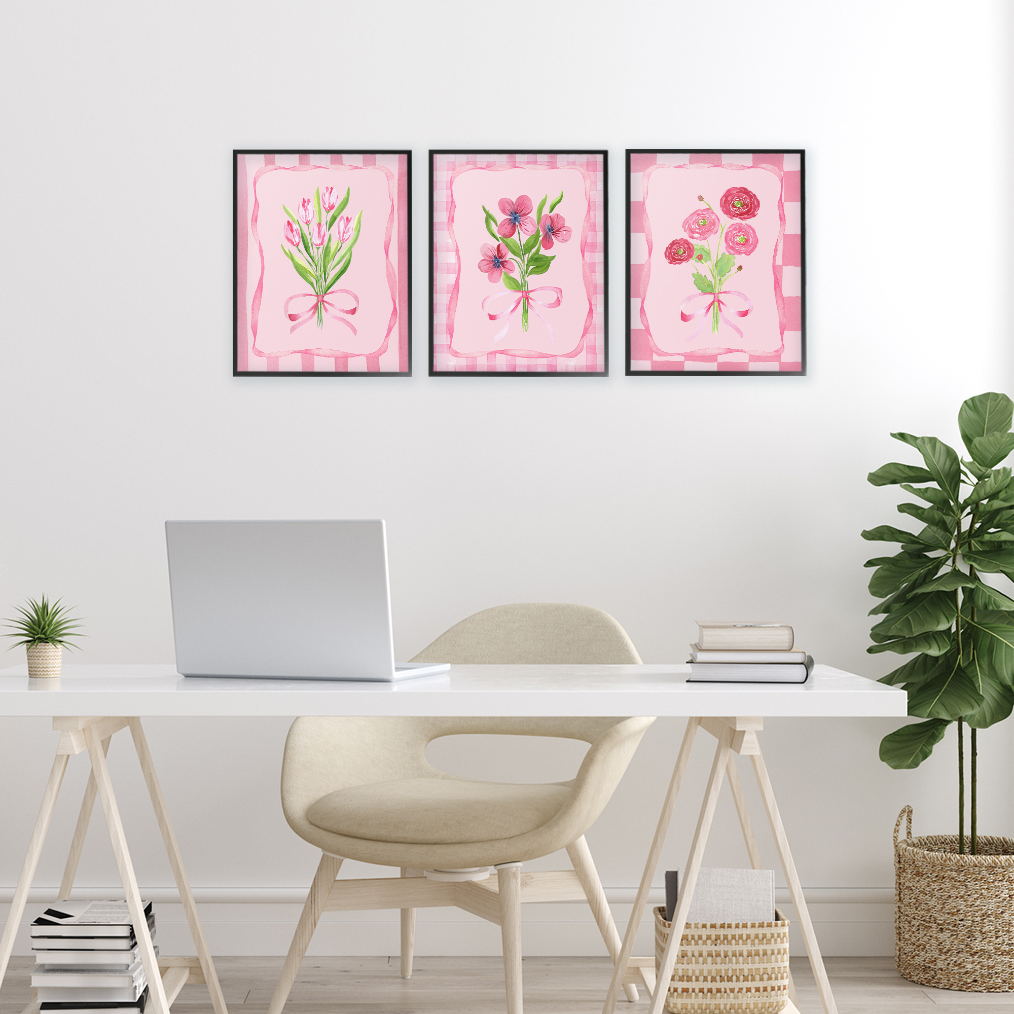 Pretty & Sweet Bordered Flowers 3 Piece Black Framed Giclee Art Set, design by Nina Jacobs