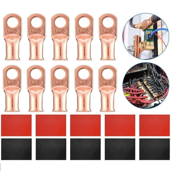 FungLam 20PCS 1/0 AWG Gauge Copper Lugs W/ BLACK & RED Heat Shrink Ring Terminals Wire