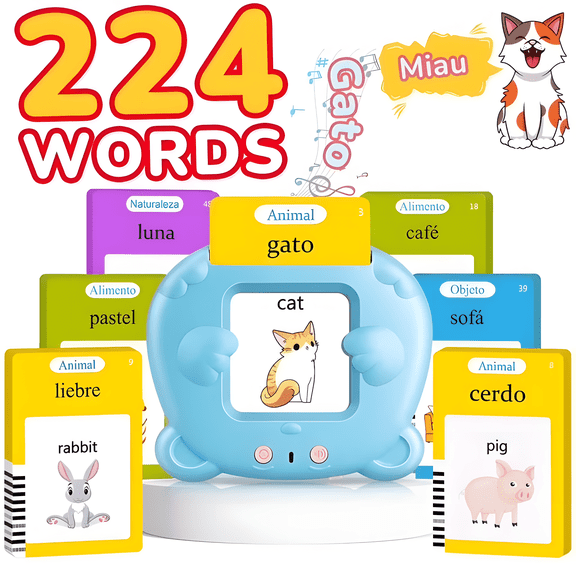 AHJ Spanish-English Bilingual Flash Cards with 224-510 Words, Interactive Reusable Double-Sided for Toddlers 1-4 Years, Sensory-Friendly