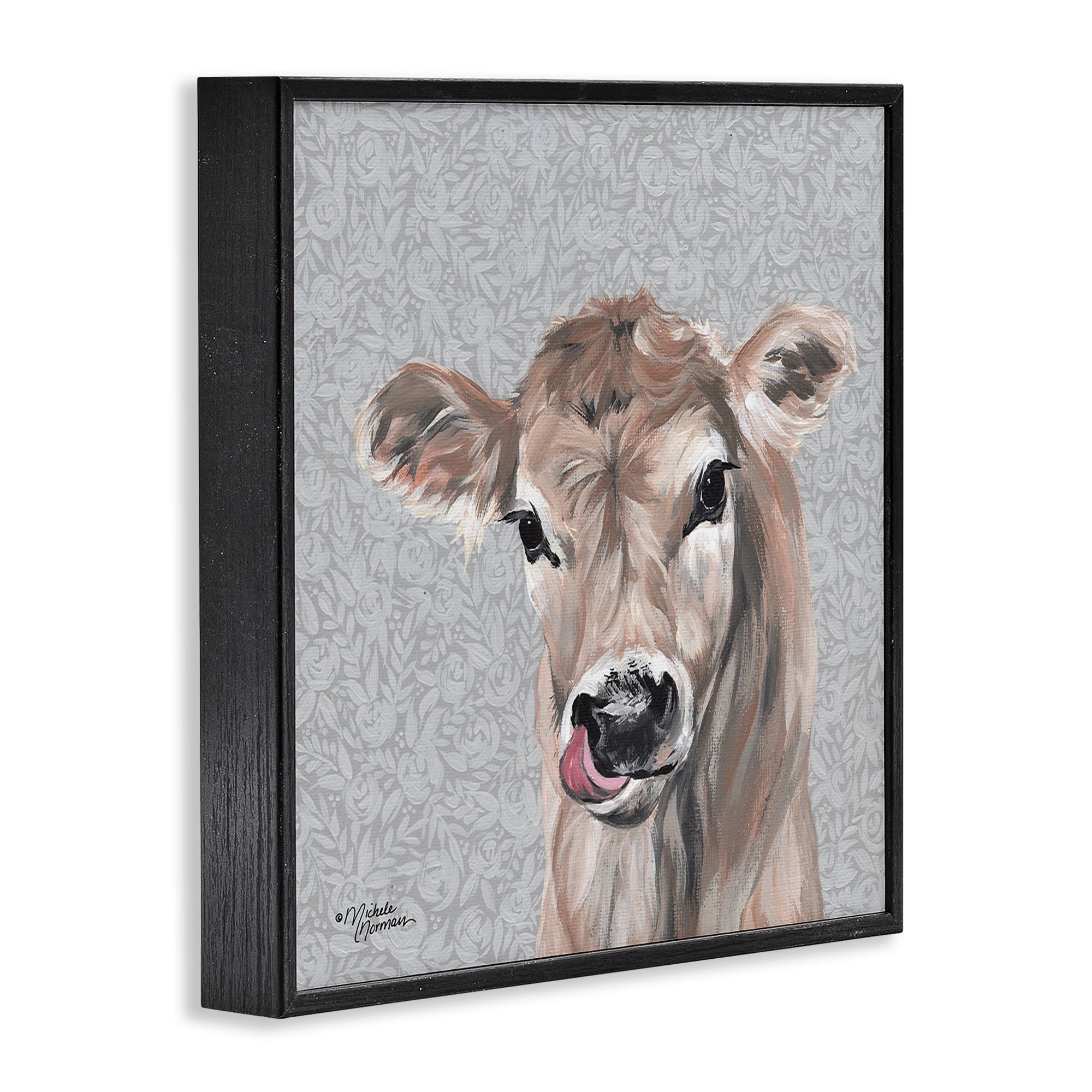 Stupell Industries Young Calf Portrait on Floral Animals & Insects Painting Black Framed Art Print Wall Art, 17 x 17