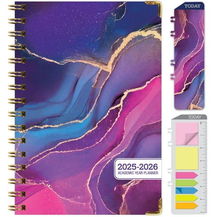 Academic Planner 2025-2026, Daily Weekly Monthly Yearly Planner, June 2025 - July 2026, 14 months, 5.5"x8", Bookmark, Pocket Folder and Sticky Note Set (Pink Purple Marble)