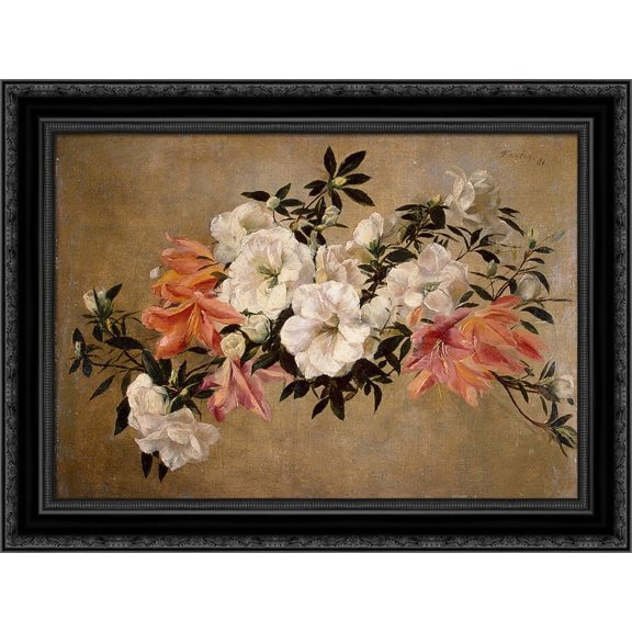 Petunias 24x19 Black Ornate Wood Framed Canvas Art by Fantin Latour, Ignace Henri Jean Theodore