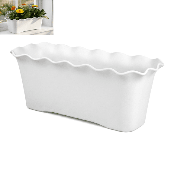 1 PC Scalloped Edge Plastic Window Box Planters, Rectangular Flower Pots with Drainage, Lightweight Decorative Planters for Indoor/Outdoor Uses