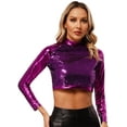 thumbnail image 3 of CHICTRY Womens Shiny Metallic Latin Cha-cha Dance Top Mock Neck Sequins Full Liner Dance Crop Top Clubwear Purple One Size, 3 of 7