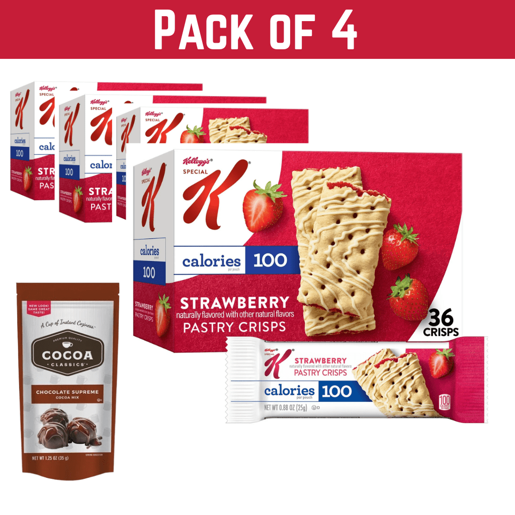 Pack of 4 Special K Strawberry Chewy Pastry Crisps, 36 Count Each, 15.84 oz with Free Cocoa Mix Sachet by ValueNest