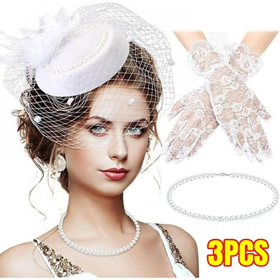 3 PCS Fascinator Hat for Women Tea Party Derby Hat with Veil Feather Funeral Headpiece Lace Gloves Pearl Necklace