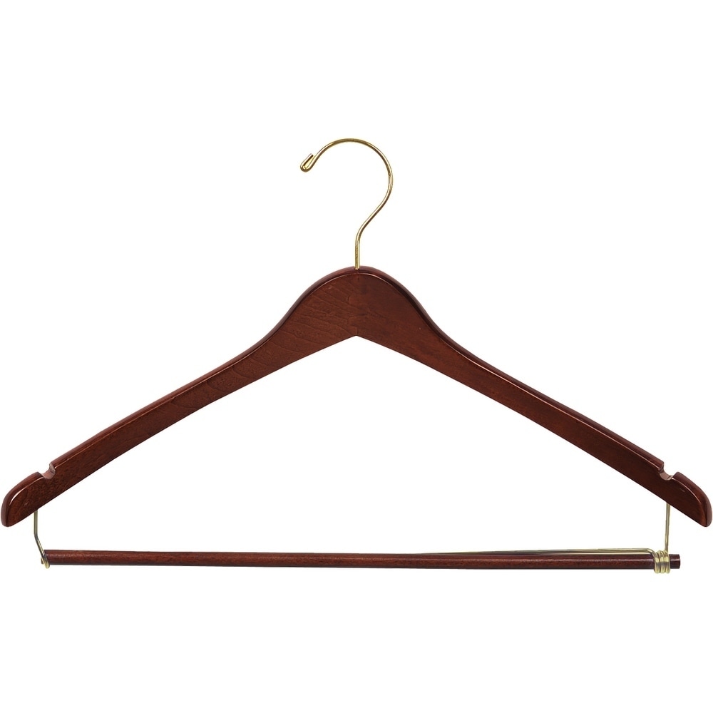 International Hanger, Walnut Wood Curved Suit Hanger w/Locking Bar, Brass Swivel Hook, 100 Pack