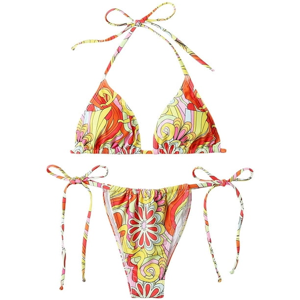 SOLY HUX Women's Floral Print Halter Triangle Tie Side Bikini Set Two ...