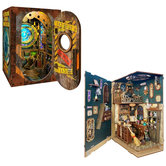 Strucwood 2-Piece DIY Book Nook Kit Set: 3D Wooden Puzzles with LED & Dust Cover,Gifts for Adults(SQ-0439)
