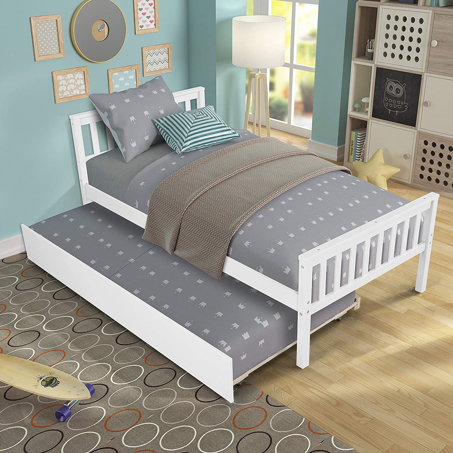 Twin Bed Frame with Trundle, Sweden Solid Pine Wood Kids Twin Platform