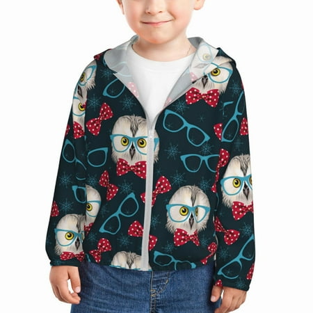 

Sun Hoodie for Kids Red Bow Blue Glasses Owl Long Sleeve Swim Fishing Shirts Sun Protection Zip Up Jacket Clothing Athletic Hoodie