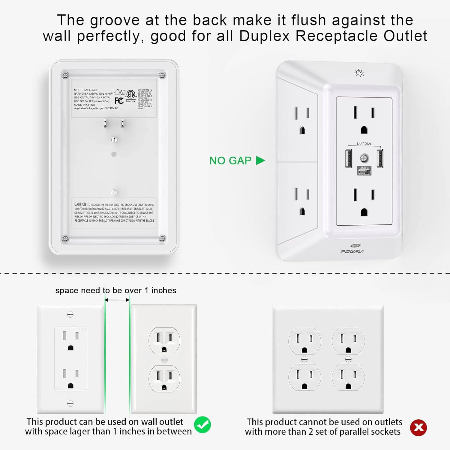 Multi Plug 6 Outlet Surge Protector Extender with 3 USB Ports (1 C) and Night Light, 3-Sided Power Strip Adapter Spaced Outlets, ETL Listed, White
