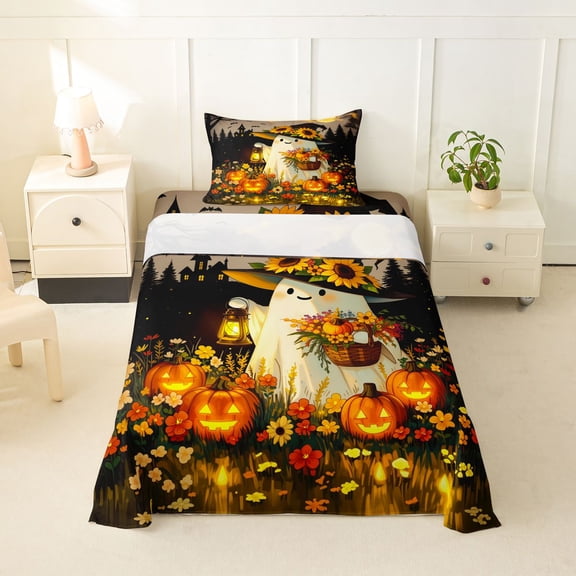 Manfei Spooky Halloween Ghosts Twin Sheets,Pumpkin Lantern Bedding,Black,3-Piece,1 Fitted Sheet and 1 Pillowcase