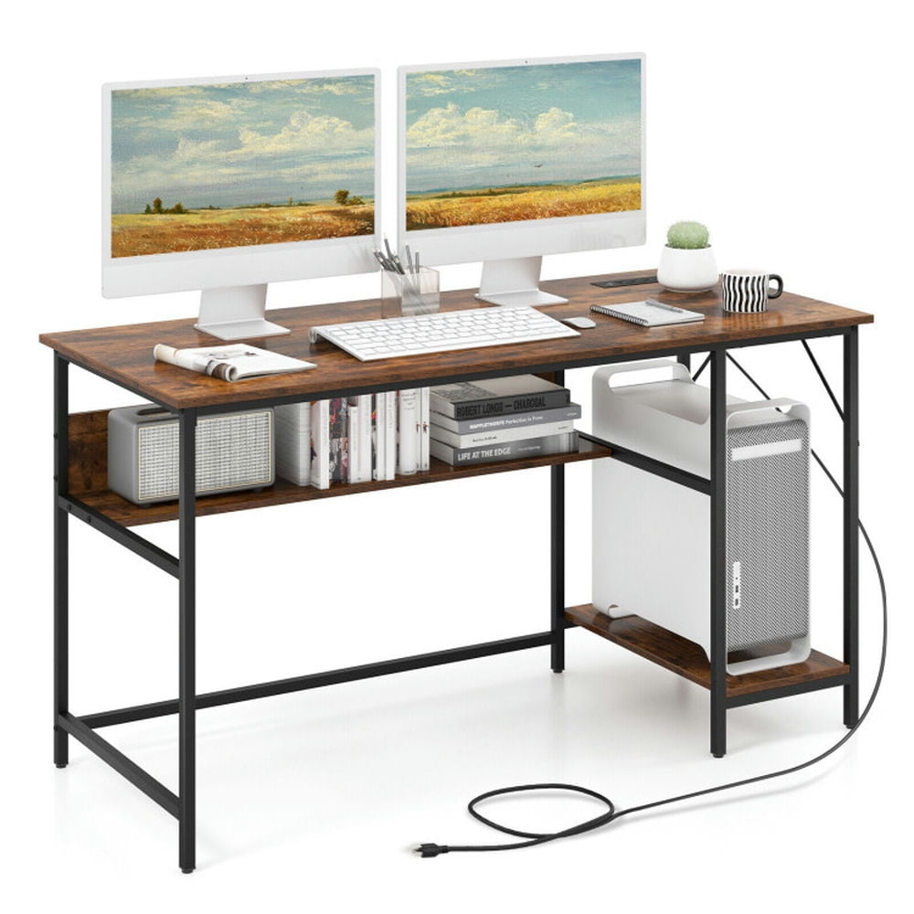 GVN 55 Inches Computer Desk with Charging Station-Brown, Desk for Bedroom, Gaming Computer Desks for Study,Working,Writing