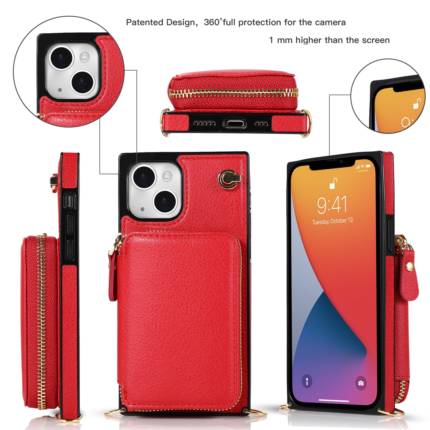 TECH CIRCLE For iPhone 12 Pro Wallet Case,Card Holder Phone Case for Women, Zipper PU Leather Purse Kickstand Folio Flip Case with Crossbody Strap for Apple iPhone 12 Pro 6.1" 2020,Red