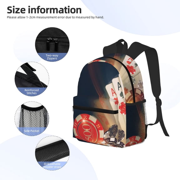 Gukieu Casino Poker Chips Print Backpack, Waterproof Backpack with Adjustable Shoulder Straps, Suitable for Campus, Business, Travel, Unisex