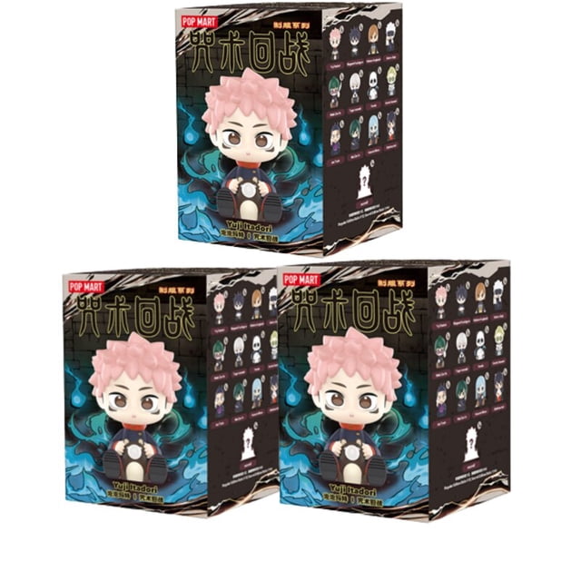 popmart-caja ciega de jujutsu kaisen, uniforme de jujutsu kaisen, serie misteriosa, lindo personaje kawaii, juguetes de pvc, regalo de navidad para niños, paquete de 3 cajas ciegas que muestran la figura chibi con uniforme y cabello rosado sobre fondo azul y panel lateral con las variants; figura PVC de 6.6–7.8 cm, embalaje original, primera edición, preventa. Adecuado como regalo o pieza de colección para mayores de 15 años.