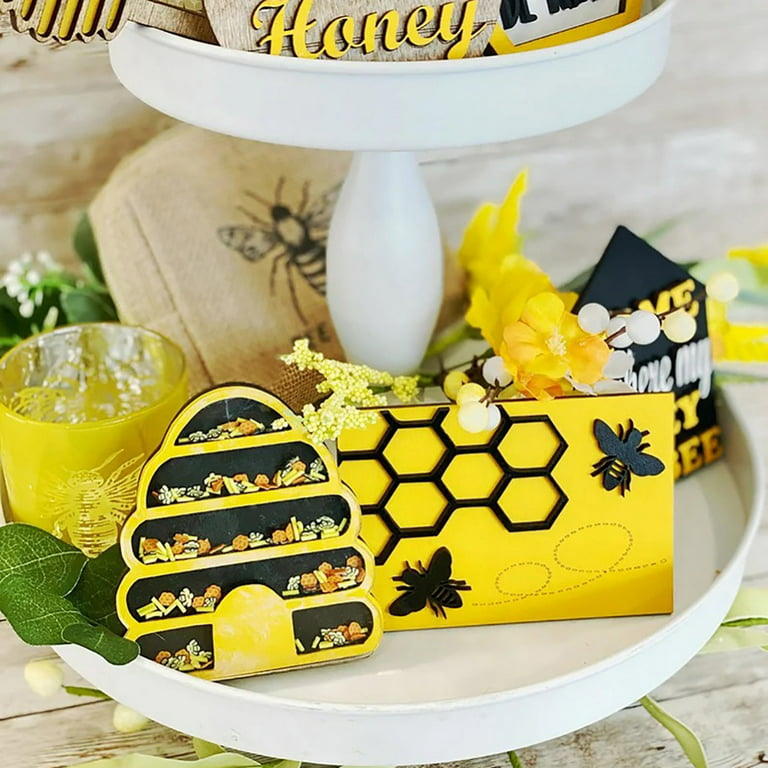 7 Pieces Bee Decor for Home Tiered Tray Decor Honey Bumble Decor Bee Wood  Signs for Farmhouse Decoration (Warm Bee Styles)
