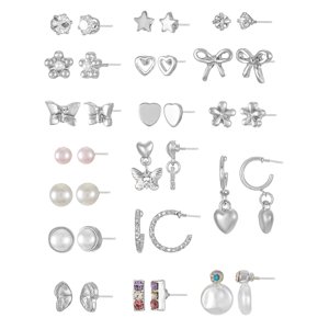 No Boundaries Hypoallergenic Post Earring Pack, 18 Pairs Silver