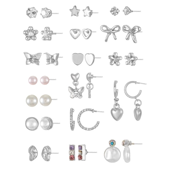 No Boundaries Silvertone 18 Pair Post Earring Pack