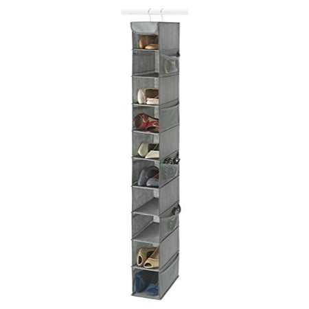 - 10-Shelf Hanging Shoe Organizer, Shoe Holder for Closet - 10 Mesh Pockets for Accessories - Breathable Polypropylene, Gray - 5 ½” x 10 ½” x 54”