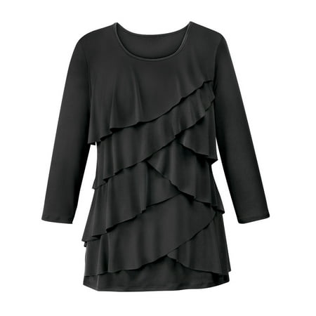 Ruffle Neck Wrap - Women's Ruffle Front Long Sleeve Scoop Neck Top, Medium, Black - Made in the USA