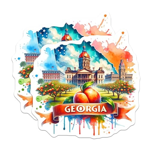 (2 Pack) Georgia State Magnets - Peach Landmarks - Artistic Watercolor Design - 5" On Longest Side - for Cars, Fridges, Toolboxes - Made in USA - MAG6835