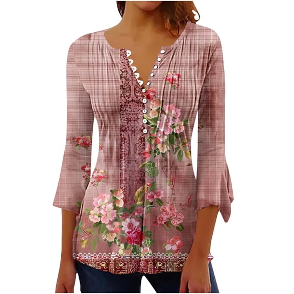 Floral Summer Tops for Women Tunic Tops V-neck 3/4 Lace Sleeve Pleated Button Casual Print Top
