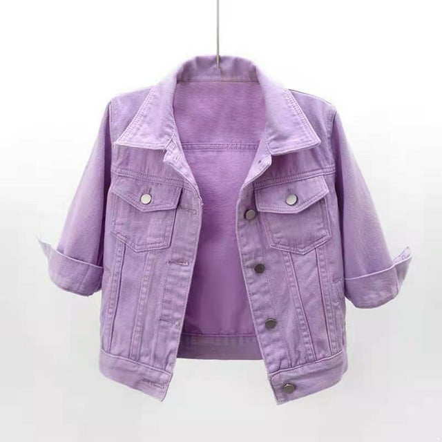 Yartina Veste en Denim Courte pour Femme à Boutons, Manches 3/4, Veste en Jean Lavée, Manteau d'Automne, Hauts, Violet, TTG