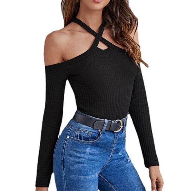 Suéter de manga larga con cuello Halter cruzado y hombros descubiertos para mujer, suéter de punto ajustado de manga larga para otoño e invierno Pompotops gfhjh4116