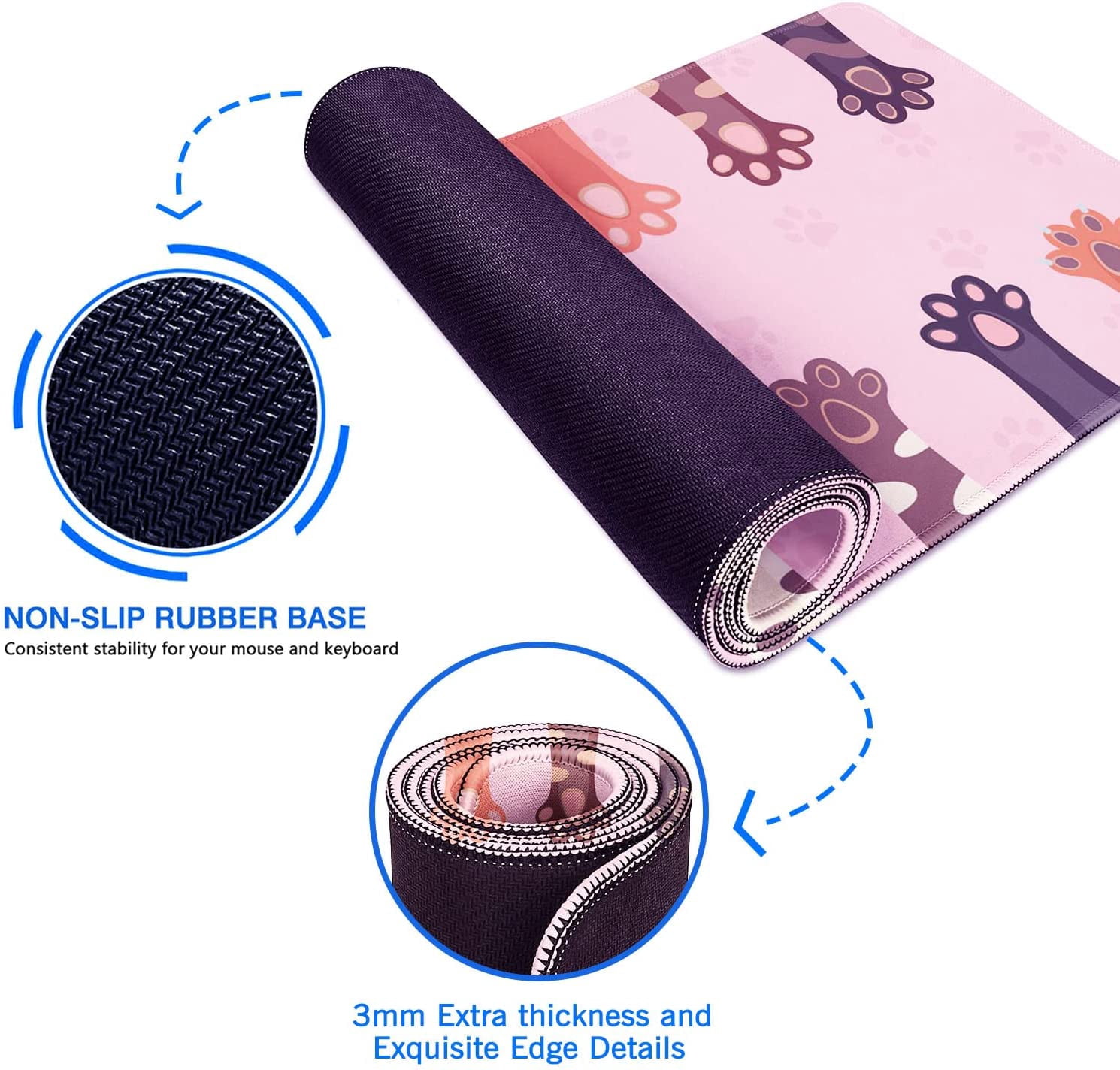 31.5x15.7in Mouse Pad Large Cute Kawaii Cat Paw Gaming Computer Desk Pink Mouse Pad No Slip Rubber Base Extended Desktop Mousepads Desk Decor Accessories for Office Work Home Writing Game