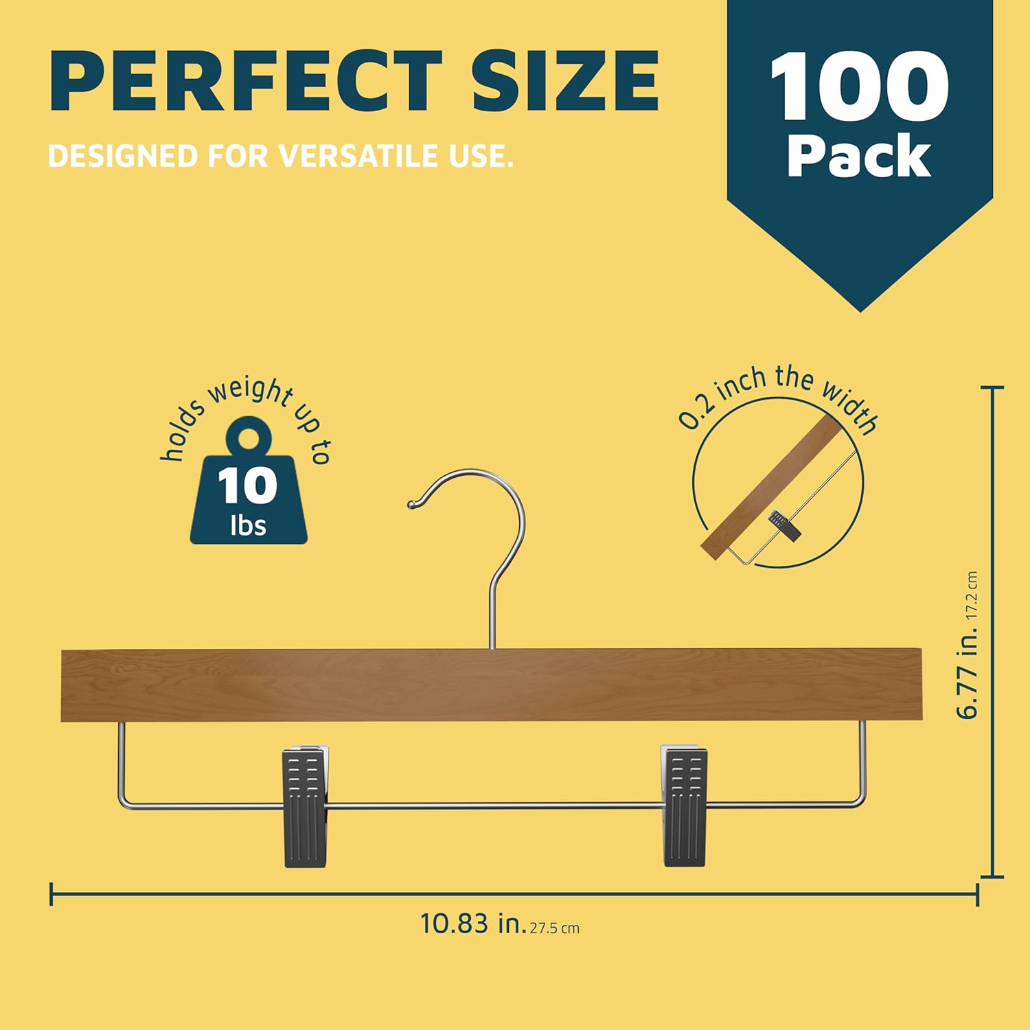 Lifemaster 100-Pack Wooden Pants Hangers with Adjustable Non-Slip Clips, 360° Swivel Hook & Slim Design for Slacks, Jeans and Skirts