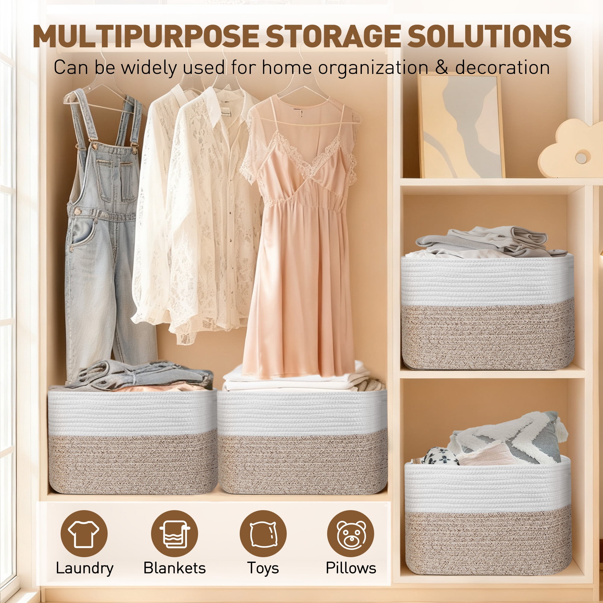 3 Pack Storage Basket, 11”x11”x9” (18L)Rectangle Woven Baskets for Storage, Cotton Rope Basket for toys, Towel Baskets, Closet Organizer Bins Shelves Organizer, Decorative Basket(Brown&White)