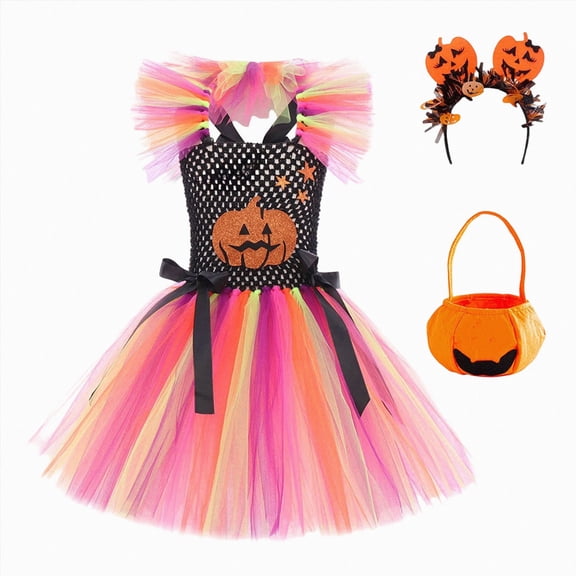 NIEWTR Kids Girls Halloween Pumpkin Dress Costume For Girls Tutu Dresses With Headband Cosplay Fancy Outfits
