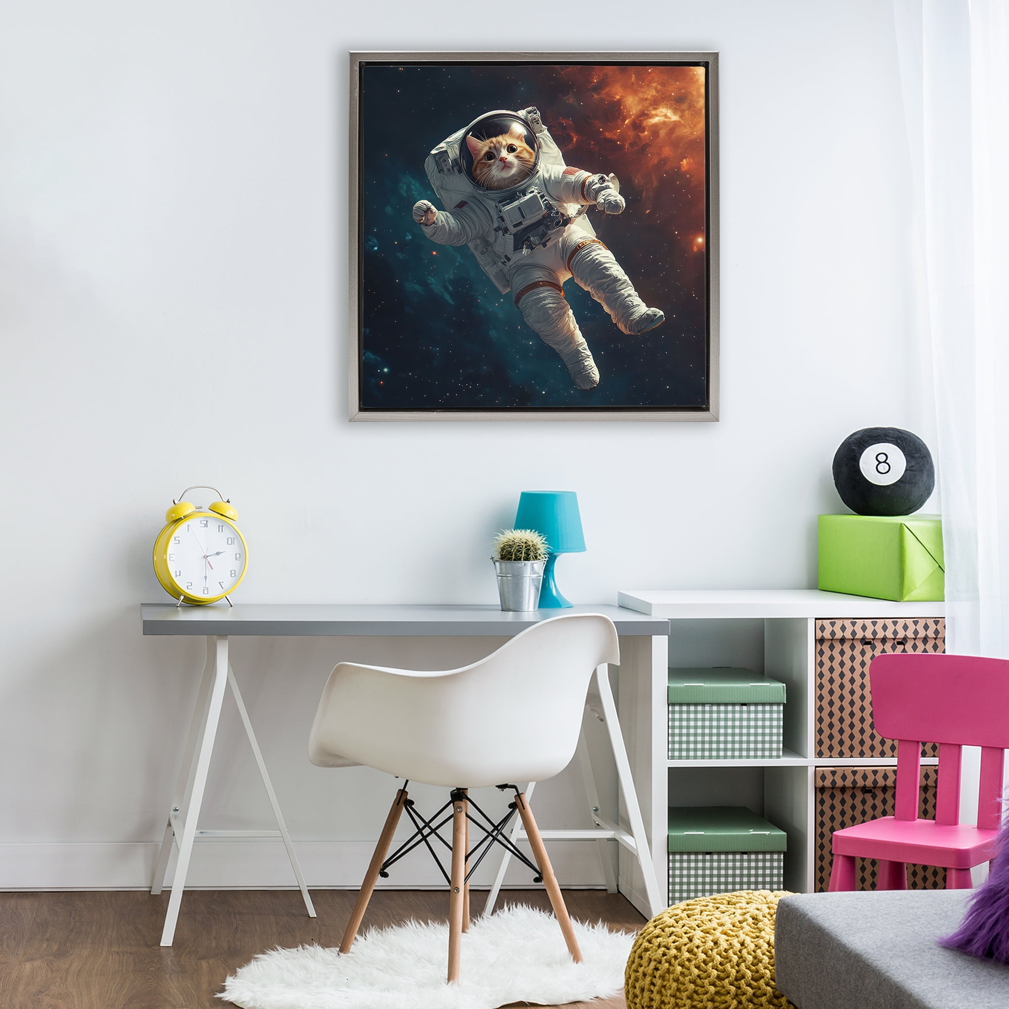 Interstellar Cat Astronaut Gray Framed Floater Canvas Wall Art, design by Jim Baldwin