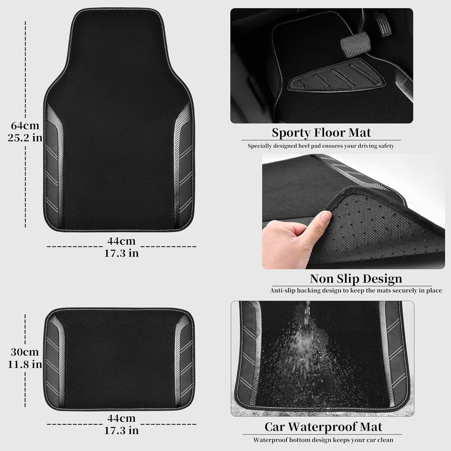 CAR GRAND Leather Steering Wheel Cover and Waterproof Car Floor Mats,Microfiber Universal Car Combo Fit Sedan,SUV,Cars,14.5-15inch Sporty Anti-Slip Safety Comfortable Design(Carbon Fiber Black)