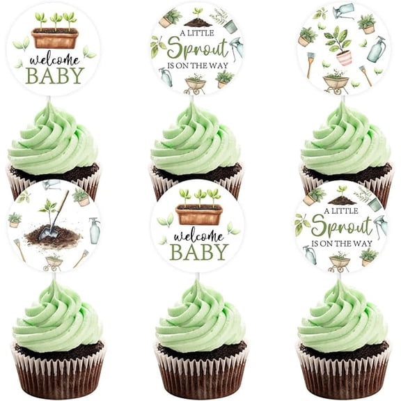 24pcs Greenery Sprout Cupcake Toppers, A Little Sprout Is On The Way Cake Decorations, Welcome Baby Cupcake Picks, Spring Garden Theme Baby Shower Gender Reveal Party Supplies