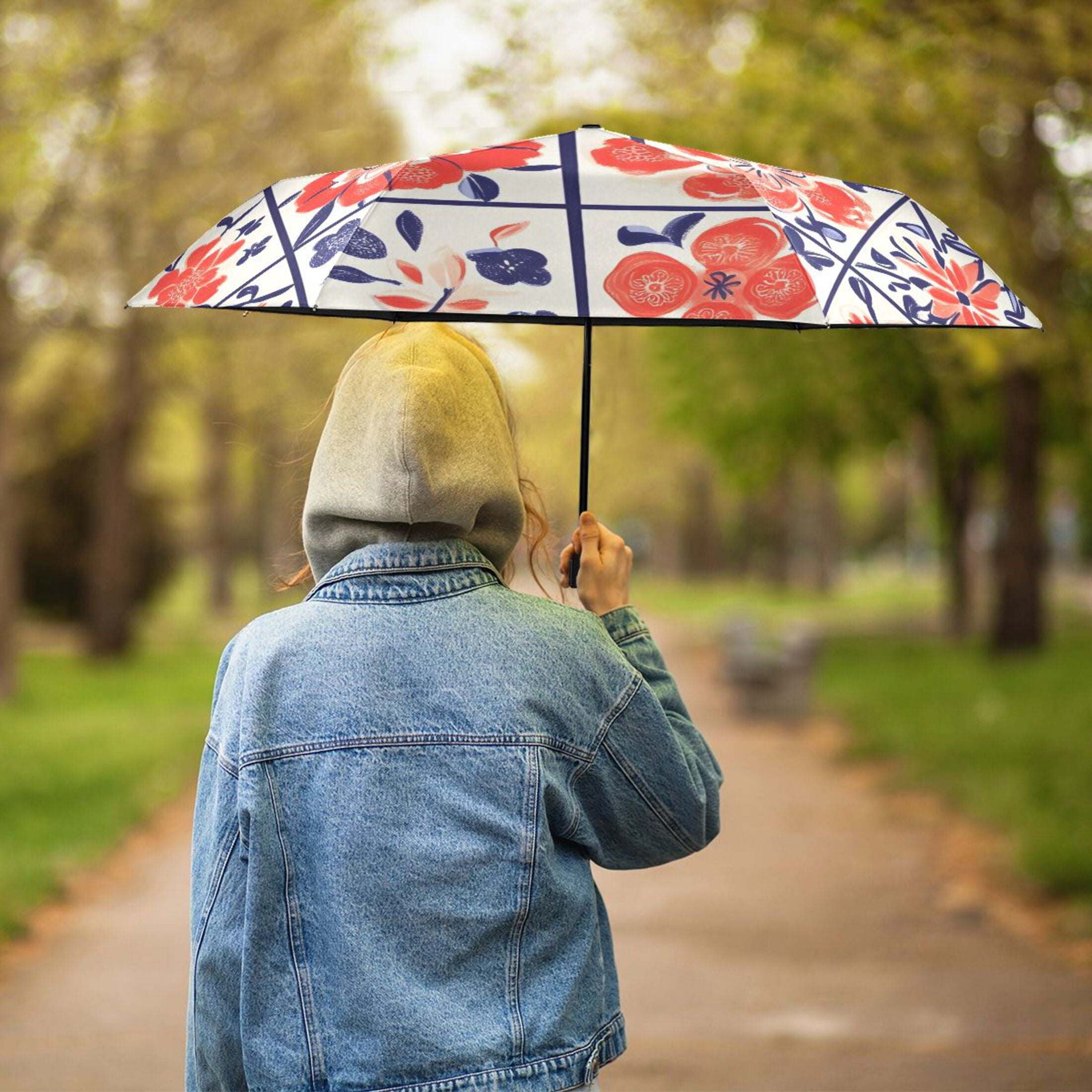 ALAZA Boho Flower in Checkered Grid UPF 50+ Compact Folding Umbrella for Rain Travel Umbrella Packable