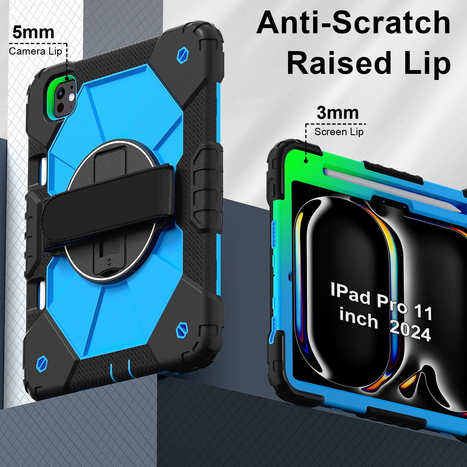 Allytechgroup iPad Pro 11 2024 Case Cover with Pencil Holder, Rugged Protection with Kickstand & Hand Strap Heavy Duty Shockproof Kids Friendly Case for Apple iPad Pro 11 M4 2024, Blue