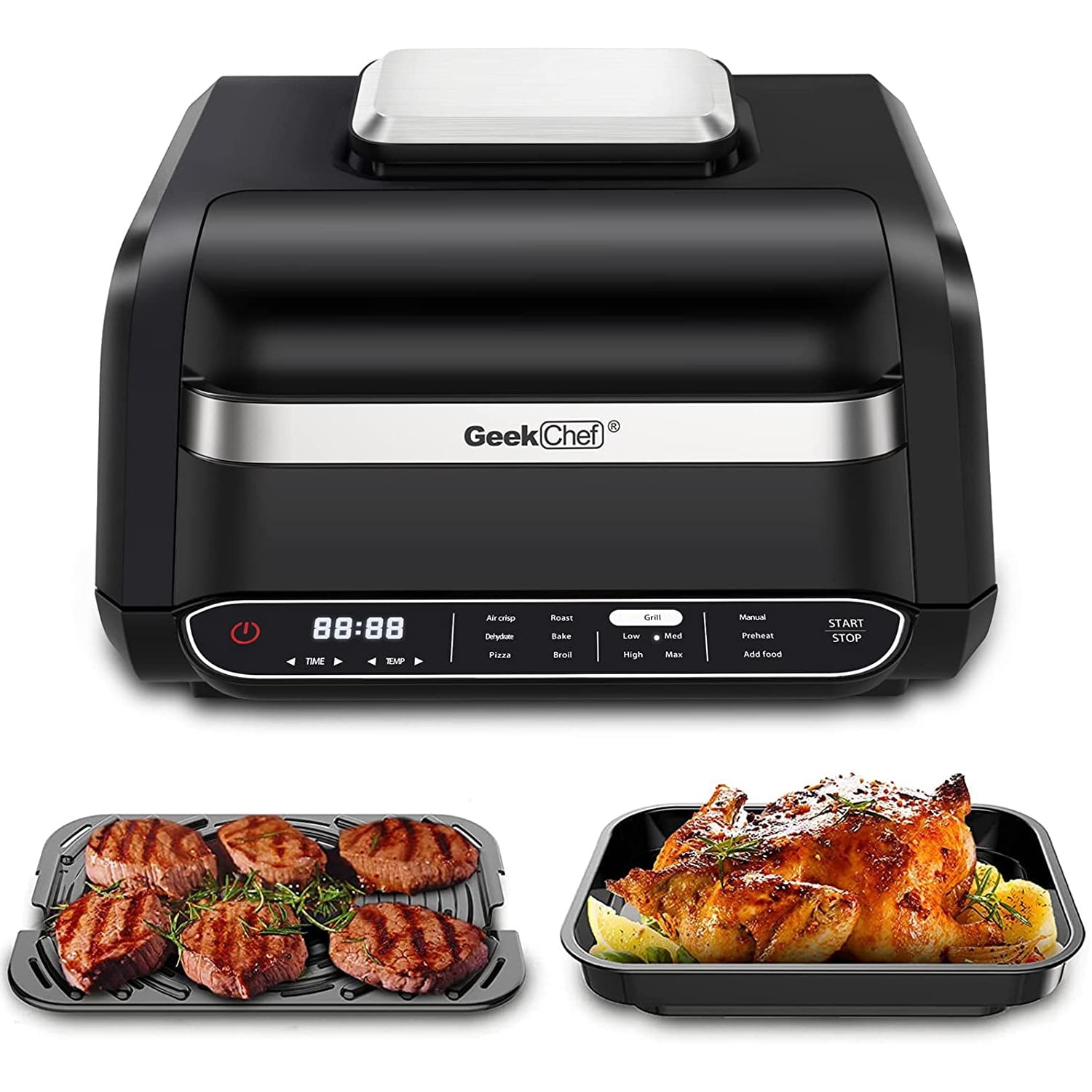 Kloudic Smart Indoor Grill & Air Fryer Combo, Smokeless Electric Countertop Griddle, with Removable Non-Stick 1700W, Black