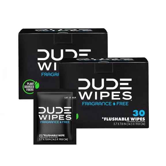 DUDE Wipes Flushable Wipes, Unscented with Vitamin-E & Aloe, 100% Biodegradable, Singles for Travel (2 Packs of 30 Individually Wrapped Wipes) "