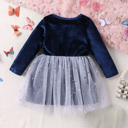 

Geire Toddlers Girls Fall Gorgeous Dress Pleuche Long-sleeved Round Neckline Patchwork Mesh Star Sequin Princess Dress for Birthday Party Performance