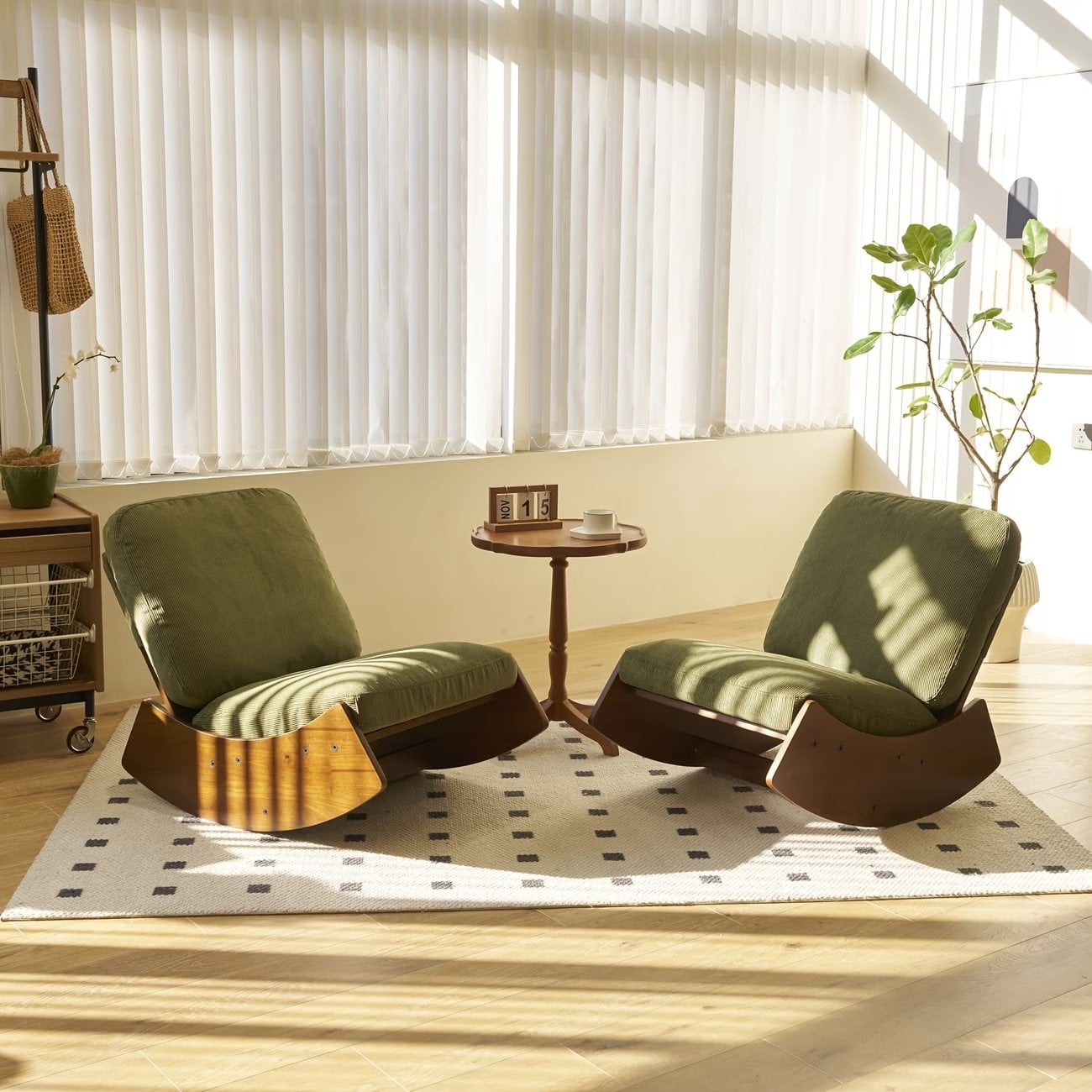 FFZ 35"L Set of 2 Glider Rocking Chair with Solid Wood Frame and Corduroy Upholstery, Green
