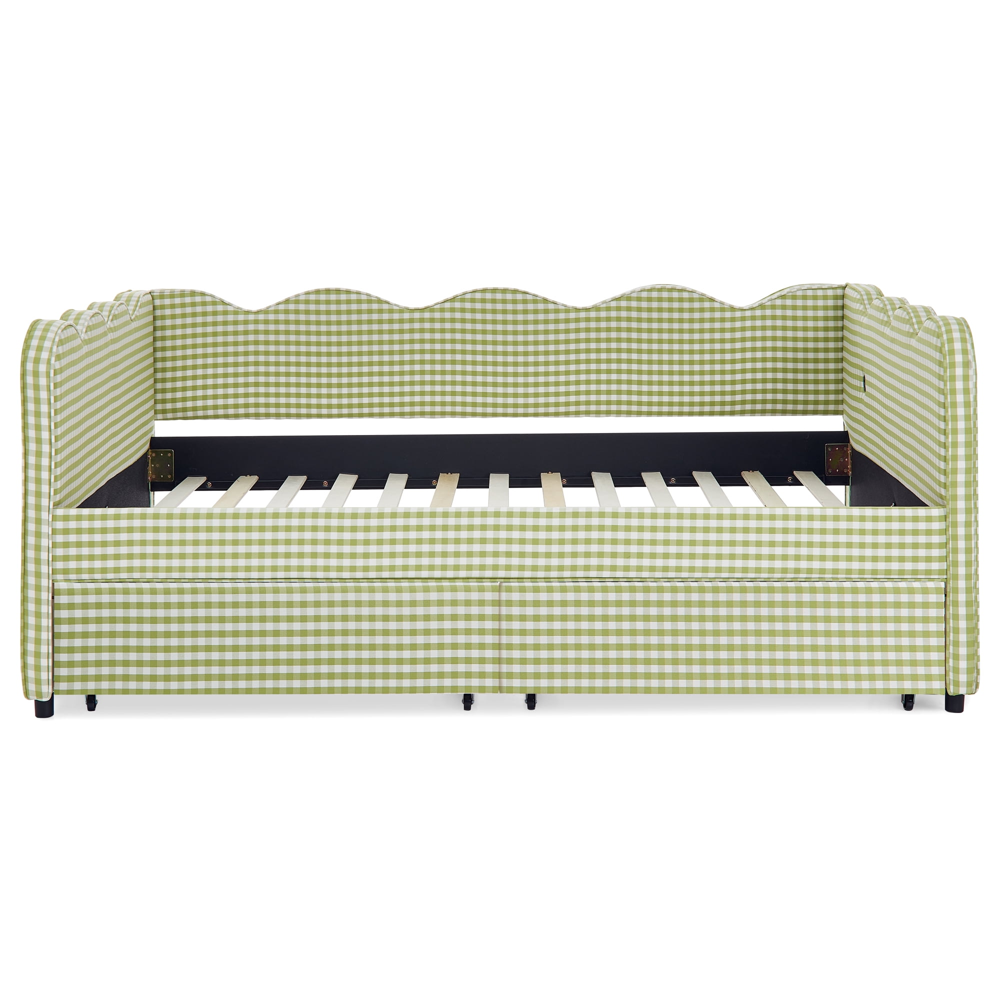 Full Size Daybed with Storage Drawers and USB Port, Upholstered Linen Sofa Bed Frame with Wave Design, Kids Guest Bed for Bedroom Living Room, Green