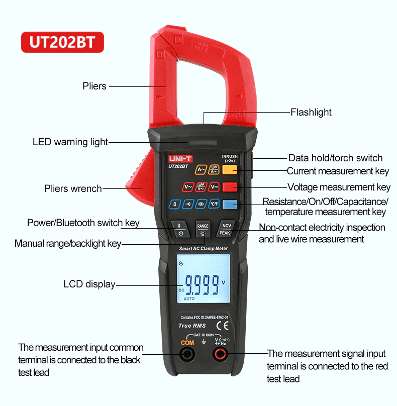 UNI-T Uni-trend Multimeter clamp meter UT202BT Digital clamp meter 600A DC Current Pliers Ammeter Voltage Tester Temperature Frequency Meter Auto Range(UT202BT)