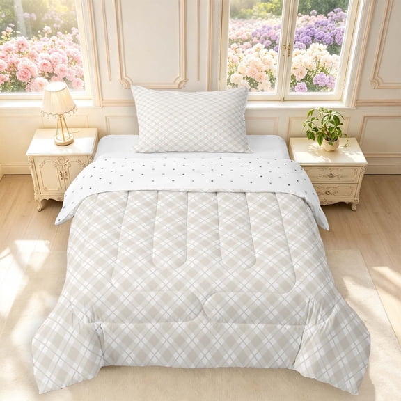 Manfei Geometric Check Twin Comforter Sets,Classic Plaid Bedding Set,Beige Gray,Reversible,2-Piece,1 Comforter and 1 Pillowcase,2-Piece,1 Comforter and 1 Pillowcase